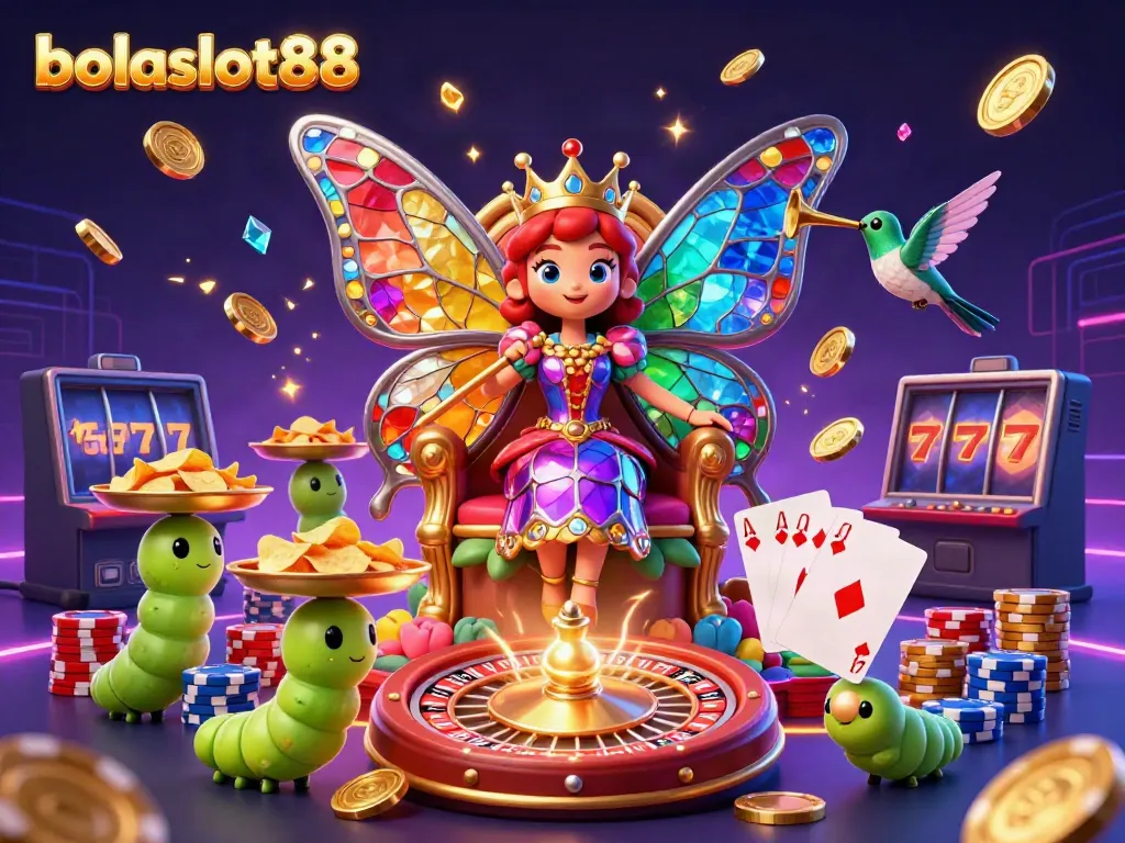 Engage with the world of bolaslot88 featuring a vibrant butterfly queen amidst dazzling casino elements and golden treasures.