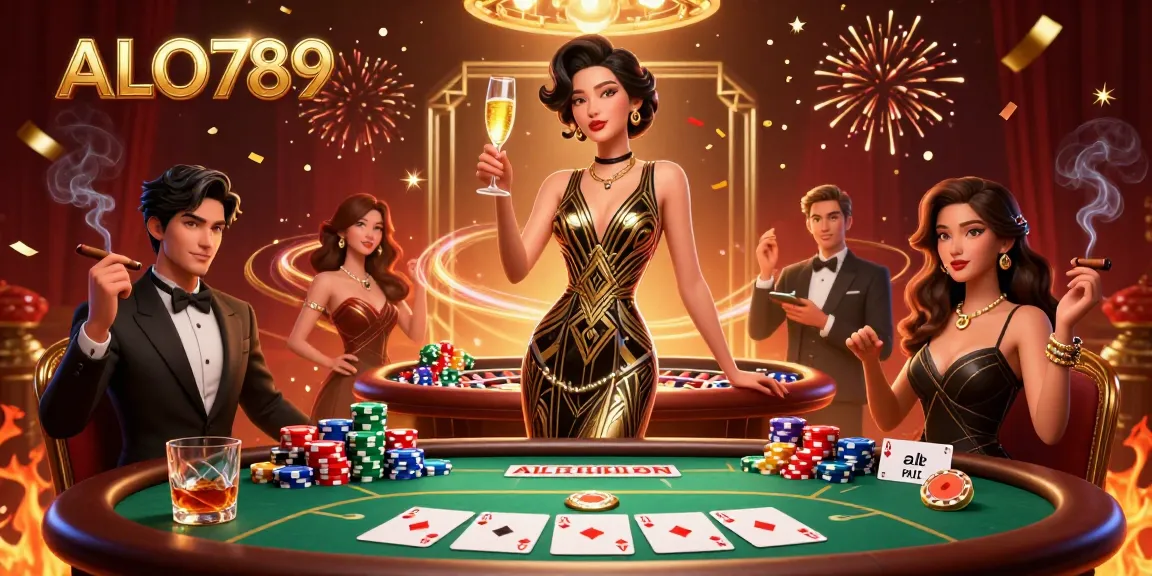Join the excitement at ALO789 with a glamorous casino scene featuring poker and roulette elements.