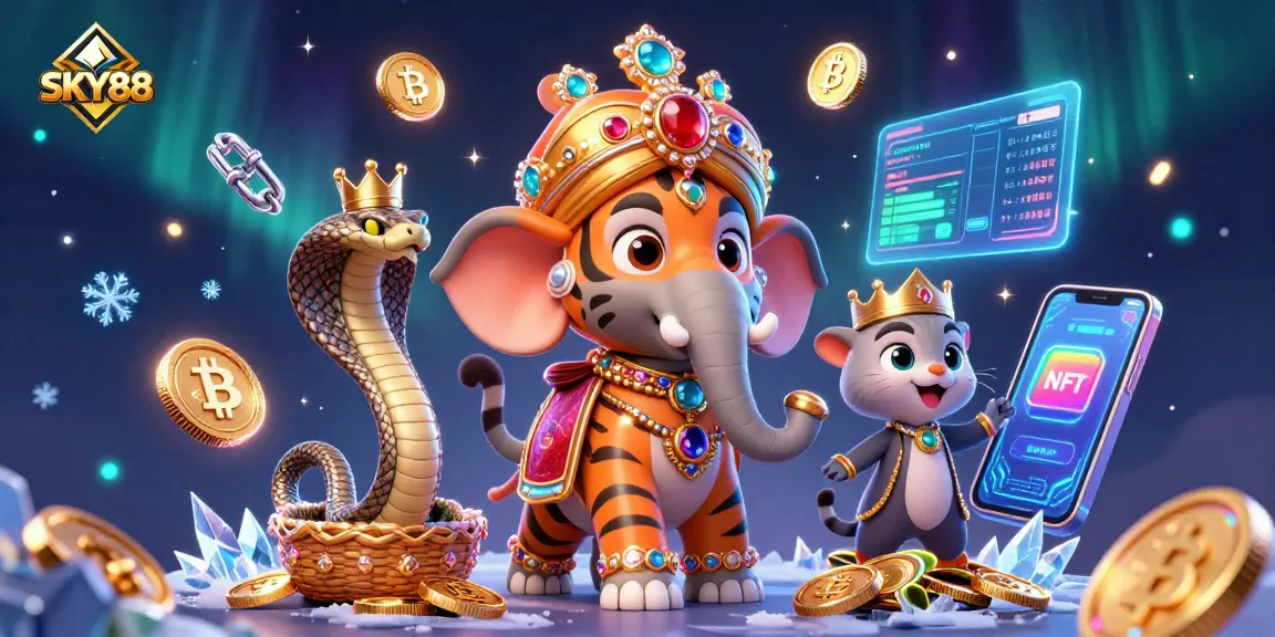 Engage with SKY88's immersive casino experience through a vibrant 3D illustration of a maharaja tiger.