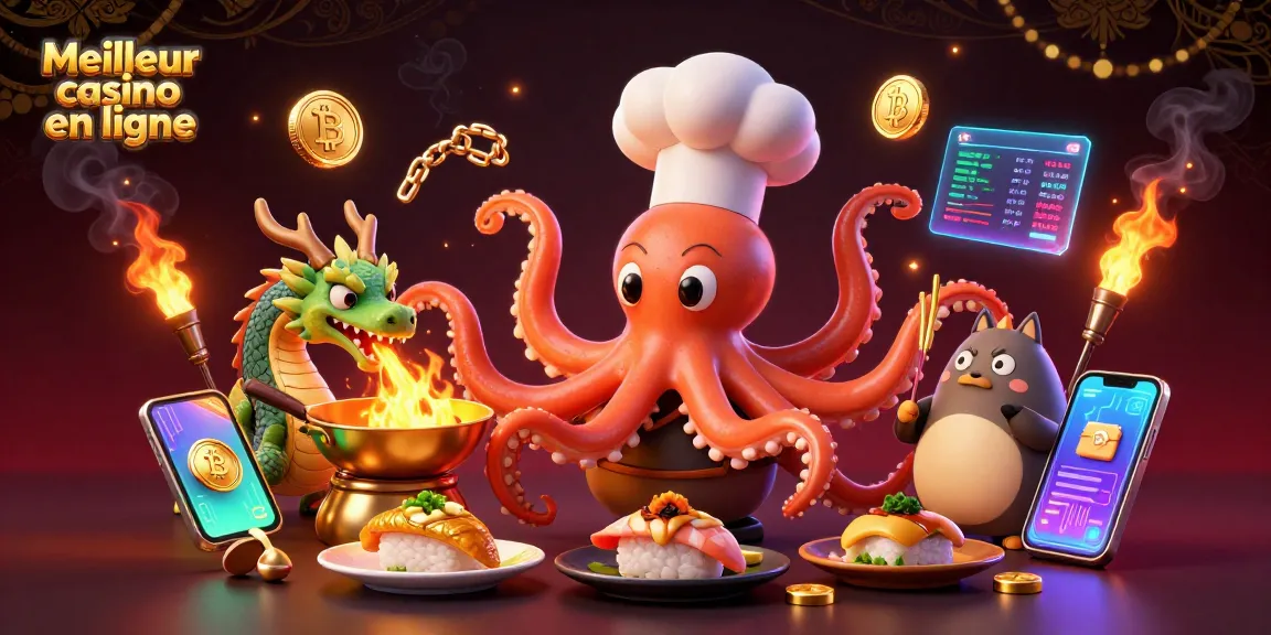 Engage with Meilleur casino en ligne featuring dynamic 3D artistic representation of a sushi chef octopus and dragon.