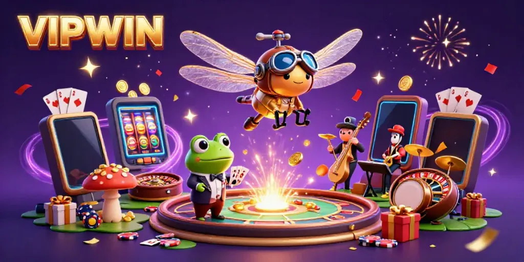 Experience excitement with the VIPWIN casino illustration showcasing vibrant gaming elements and playful characters.