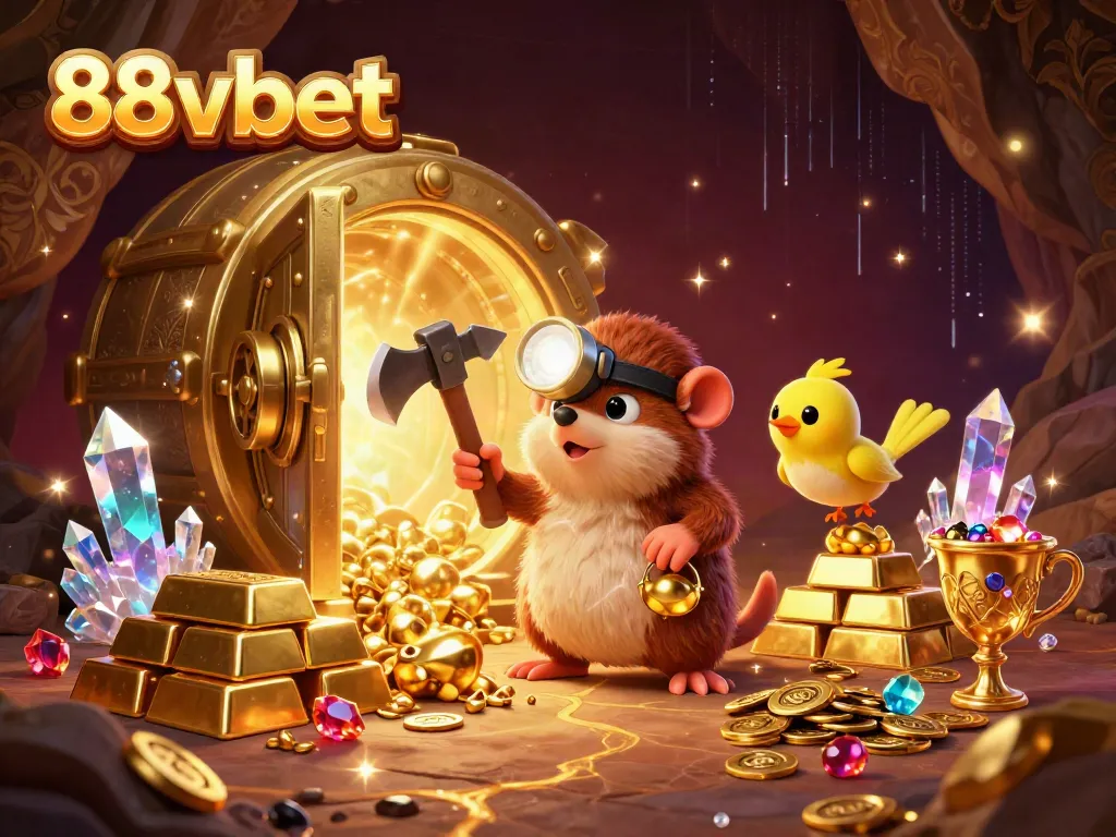 Engage with 88vbet's thrilling casino experience in a vibrant treasure scene featuring a mole and gold treasures.