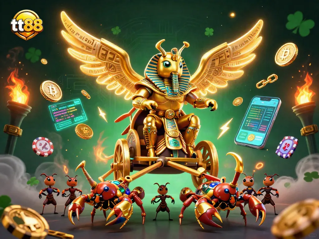 Experience tt88's thrilling chariot races with colossus beetle and scorpion companions in a vibrant casino.