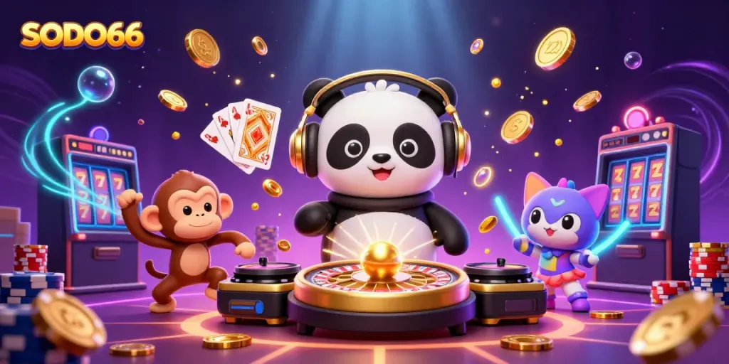Experience the excitement of SODO66 with a lively 3D casino scene featuring a DJ panda and vibrant casino elements.