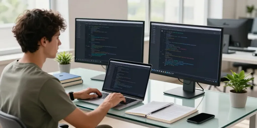Dynamic tech workspace with apk code on dual monitors and coding books.