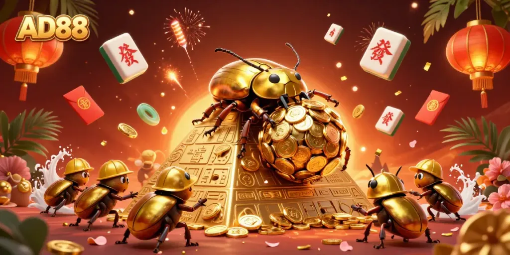 Experience thrilling wins at AD88 with vibrant visuals of a golden beetle and casino symbols.