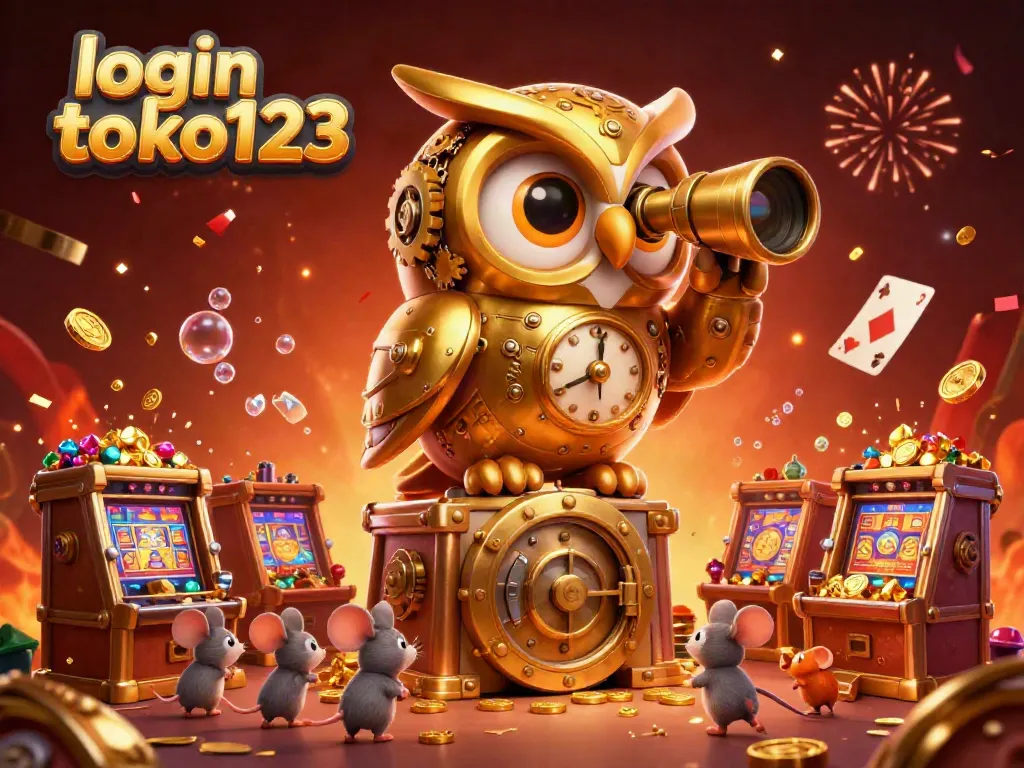 Experience the excitement of login toko123 with a vibrant 3D illustration showcasing a golden owl amidst casino fun.