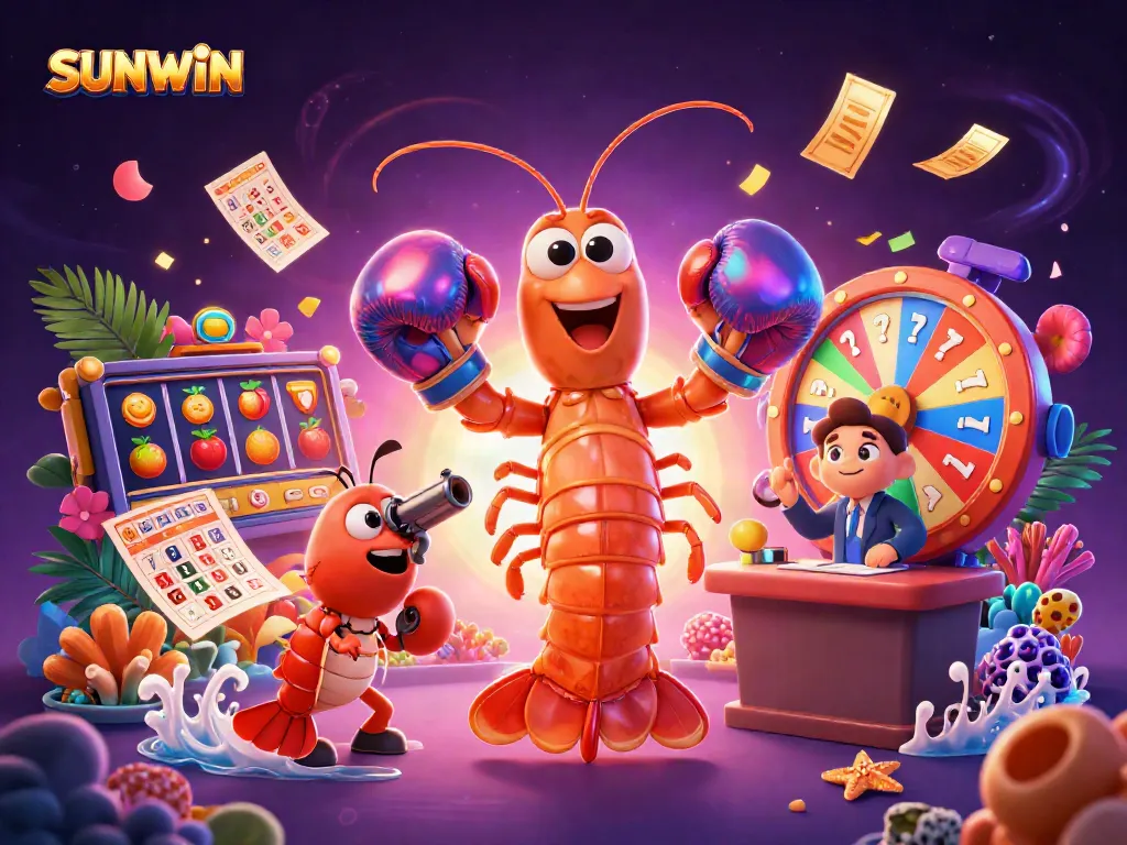 SUNWIN showcases vibrant casino elements in a dynamic illustration featuring mantis shrimp and friends.