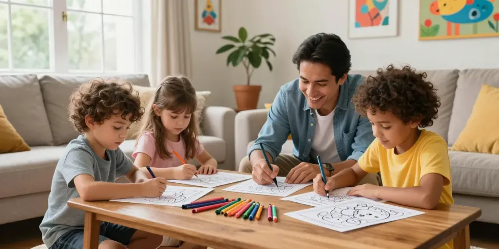 Family enjoying coloring activities with freecoloringsheets.net at home.