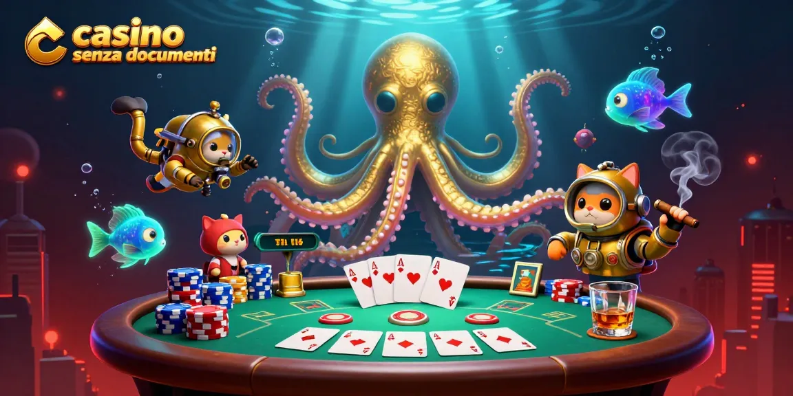 Partecipa a un'azione emozionante di casino senza documenti con un kraken, un gatto che si tuffa e elementi del poker!