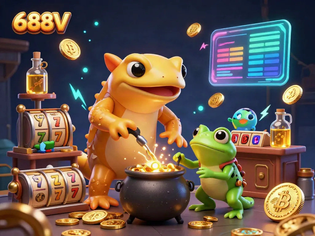 Engage in fun gaming with 688V's vibrant casino scene featuring gold alchemy and neon crypto elements.
