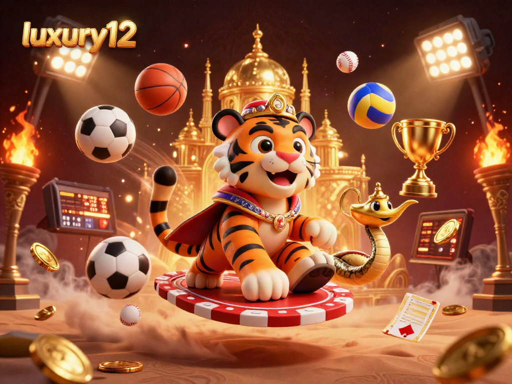 Experience luxury12 with a vibrant casino scene featuring an Arabian sultan, colorful sports elements, and gold treasures.