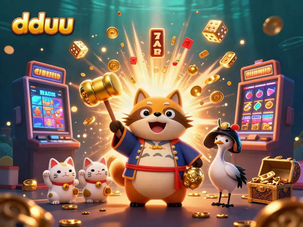 Win big at dduu with cheerful tanuki, lucky symbols, and jackpot excitement in this vibrant casino scene.