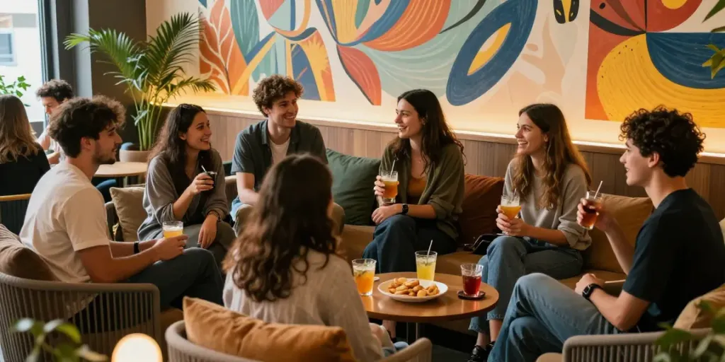 Engaging social gathering at rokok88 lounge with friends enjoying drinks.