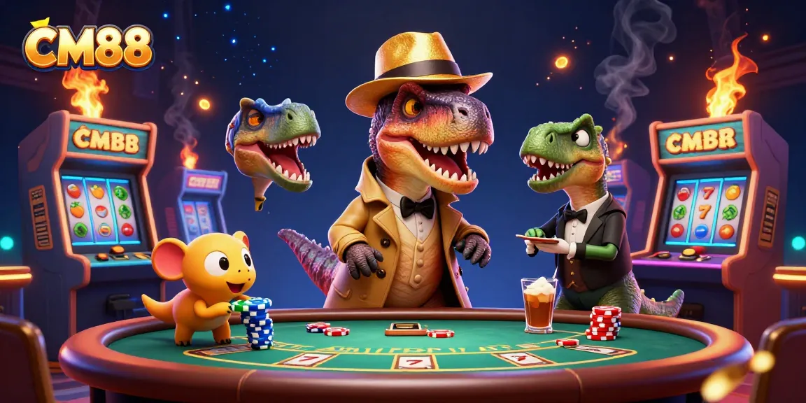CM88 features a velociraptor card counter and gaming elements, embodying a playful casino atmosphere.