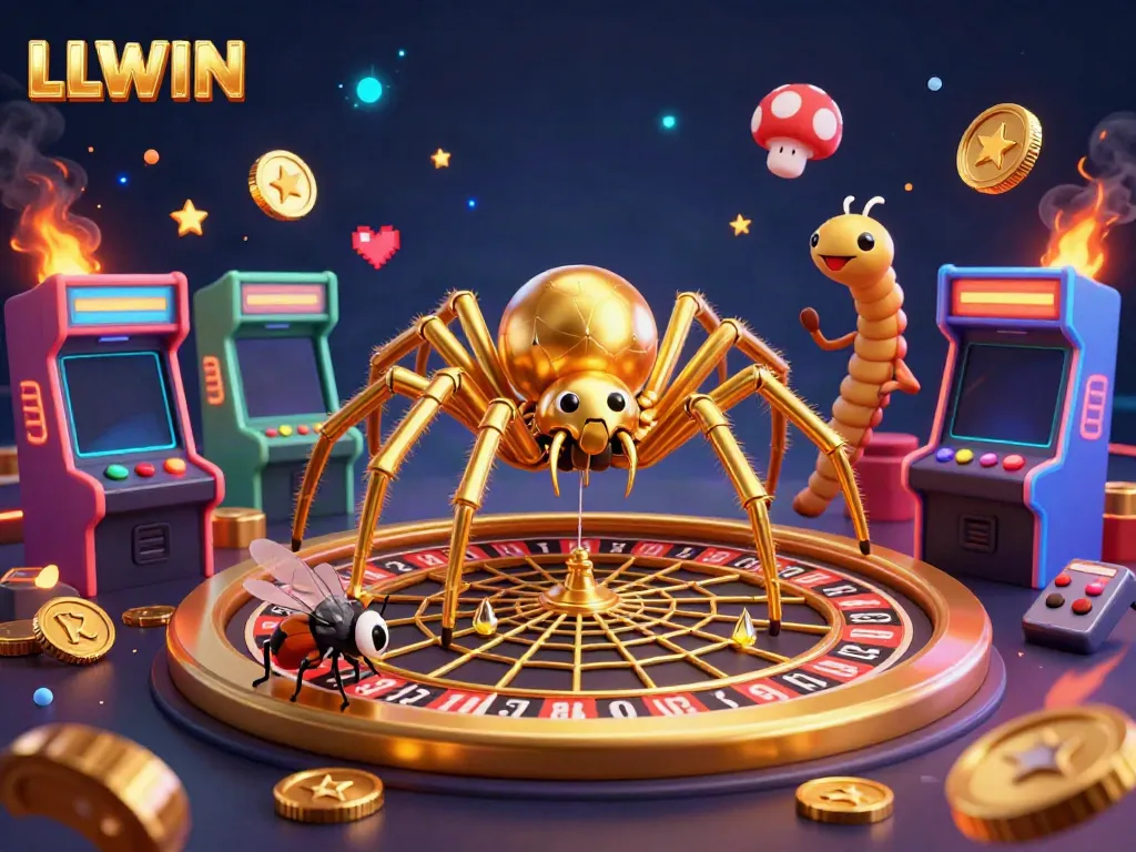 Place your bets with LLWIN in this vibrant casino-themed scene featuring a spider and a fly.