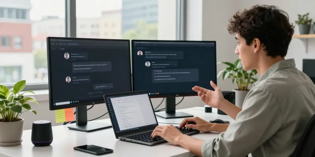 Engaging in an uncensored AI chat in a modern tech workspace with vibrant city views.