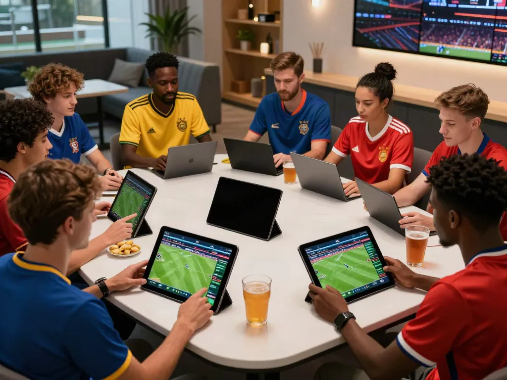 Exciting WWBOLA sports betting scene with enthusiastic fans analyzing odds at a vibrant lounge.