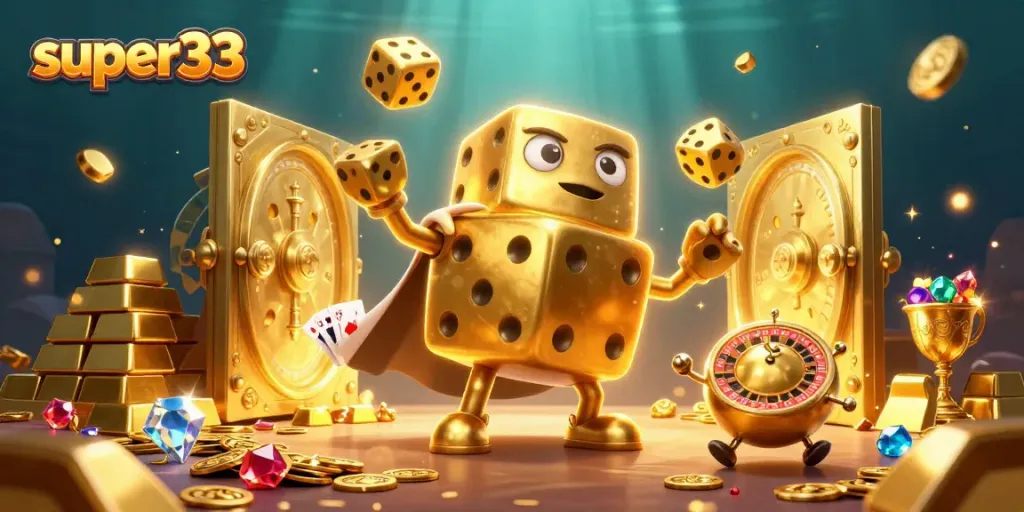 Engage with super33 themed casino excitement through a vivid 3D illustration showcasing golden dice, cards, and coins.