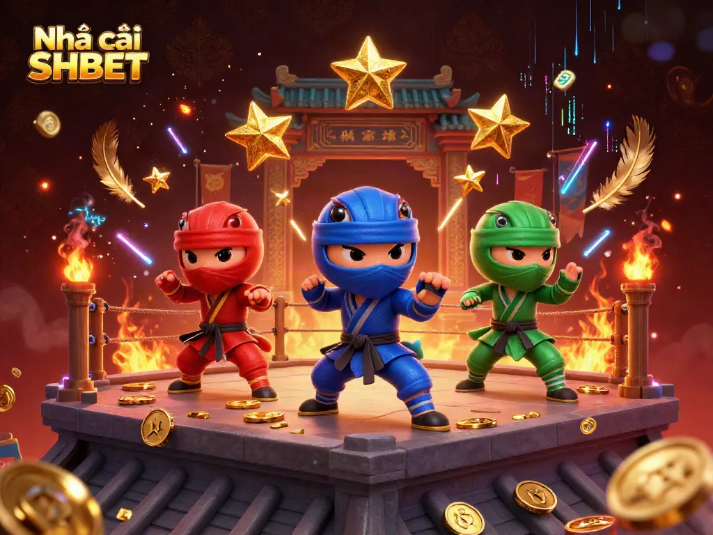 Experience the dynamic gaming environment of Nhà cái SHBET with ninja chameleons, betting tokens, and vibrant casino elements.