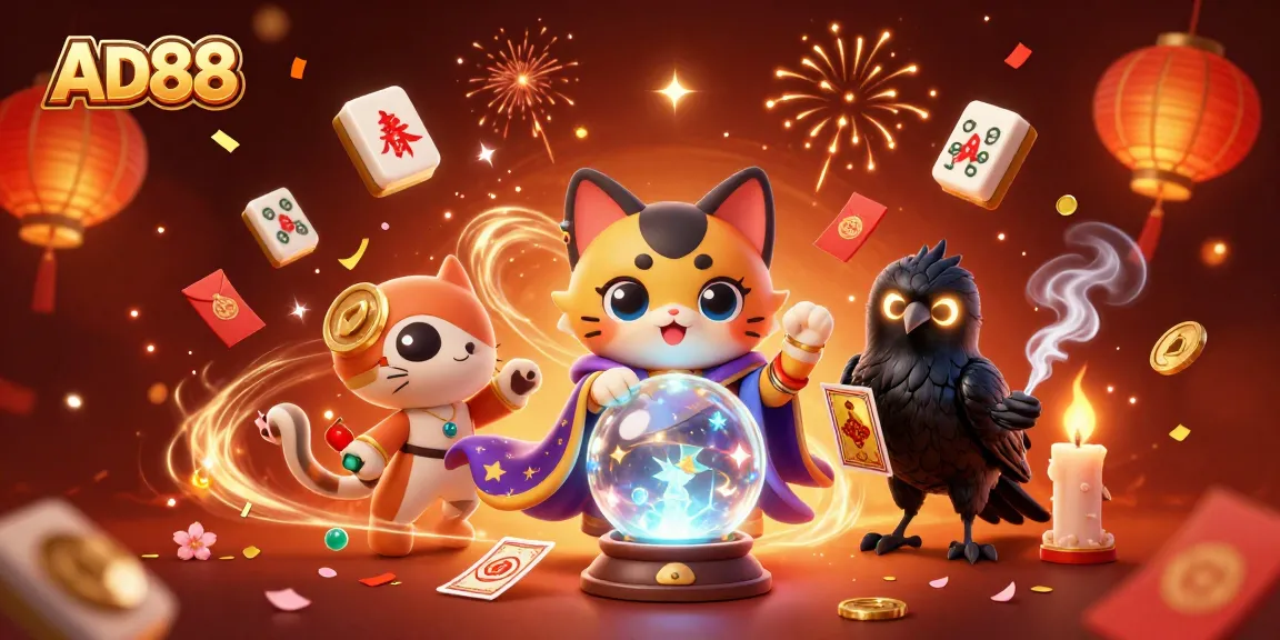 Engage with the mystical energy of AD88 through a vibrant 3D casino illustration featuring a fortune teller and dynamic elements.