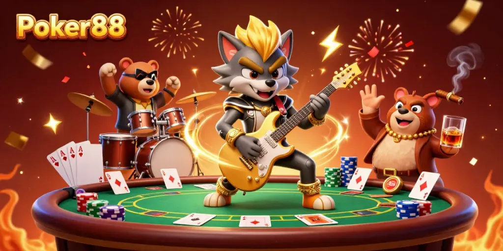 Experience thrilling Poker88 gameplay with vibrant characters on a dynamic casino stage.