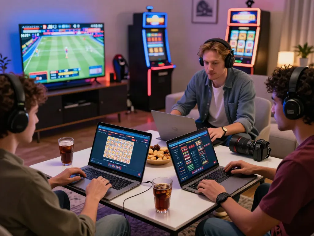 Friends enjoying online gambling experience with ahha4d gaming on laptops and snacks