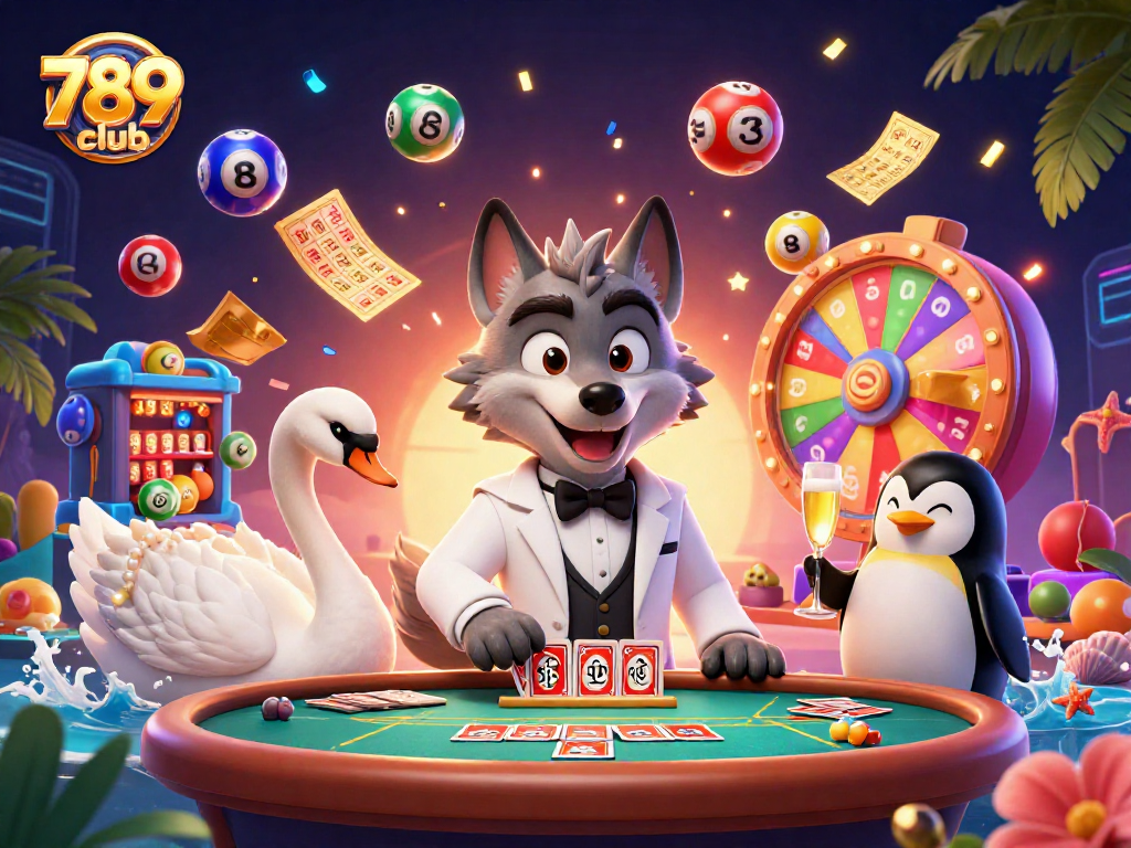 Experience the lively action of 789club with a debonair wolf, elegant swan, and sophisticated penguin at a casino table