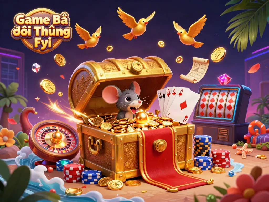 Engage with Game Bài Đổi Thưởng Fyi in a vibrant 3D casino scene filled with treasures and excitement.