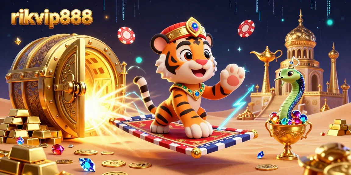 Experience winning thrills with rikvip888's magical sky adventure on a tiger sultan's flying carpet!