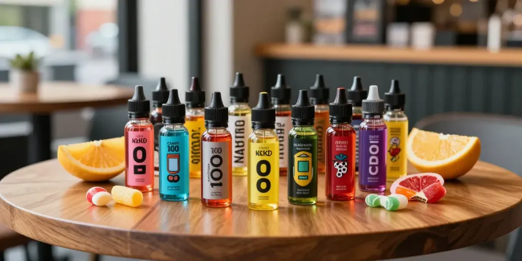 Colorful vape e liquid bottles surrounded by fresh fruit and candy, showcasing flavor variety.