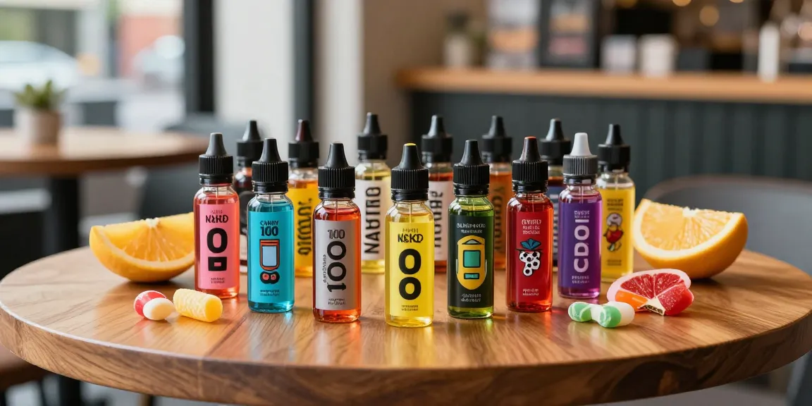 Colorful vape e liquid bottles surrounded by fresh fruit and candy, showcasing flavor variety.