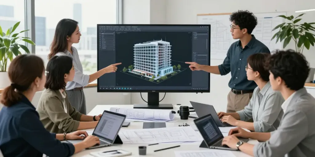 Team collaborating on architectural BIM modeling services in a modern office