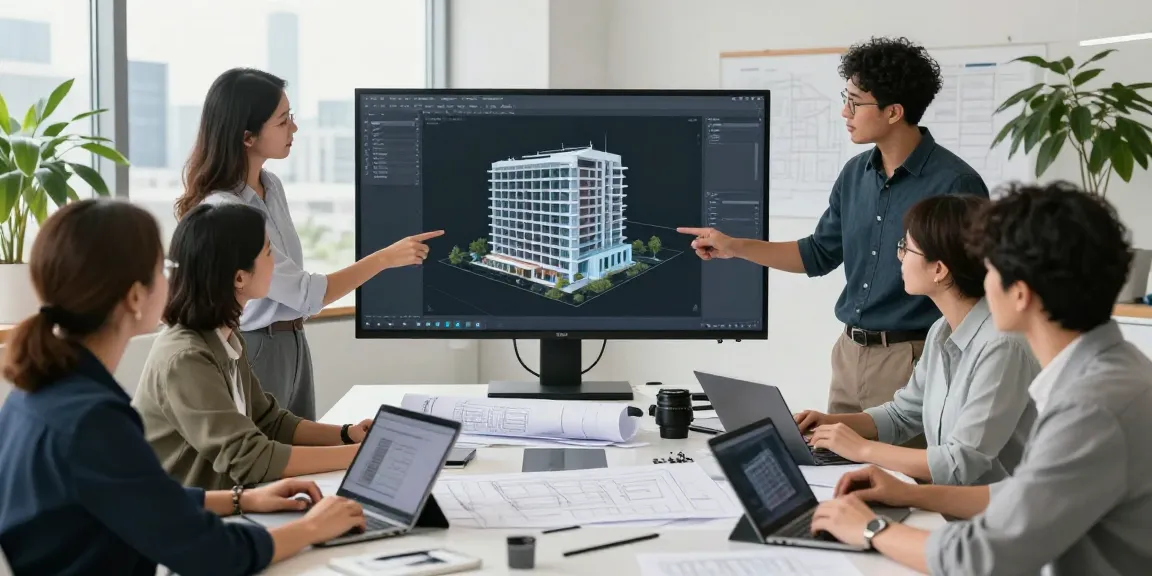 Team collaborating on architectural BIM modeling services in a modern office