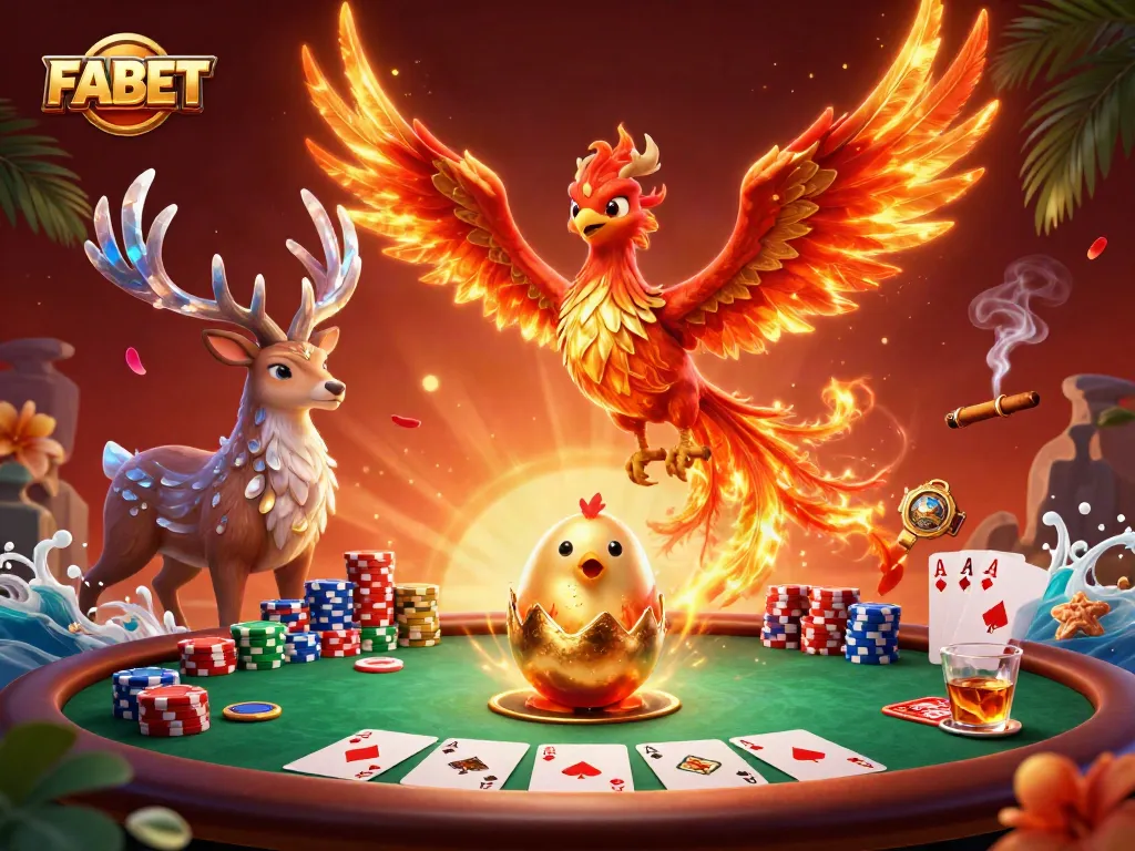 Experience FABET’s thrilling casino atmosphere with vibrant phoenix characters soaring over a dynamic poker scene