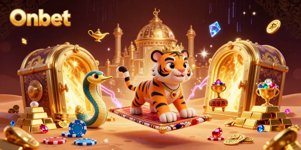 Join the magic with Onbet as the tiger sultan unveils treasures amidst dazzling casino elements.
