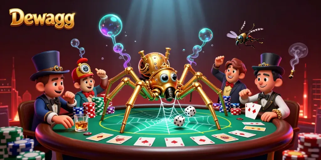 Dewagg steampunk spider catching dice in a vibrant casino scene with poker elements.