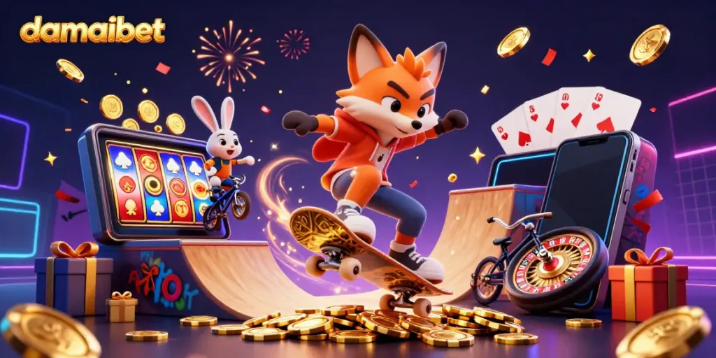 Damaibet promotional illustration featuring a skateboarder fox and BMX rabbit in a dynamic casino scene.