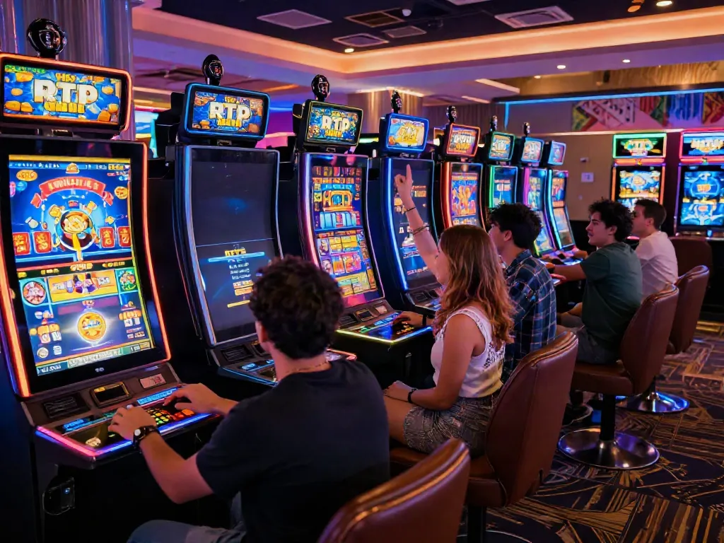PSGSlot gaming scene with players enjoying vibrant slot machines and RTP statistics.