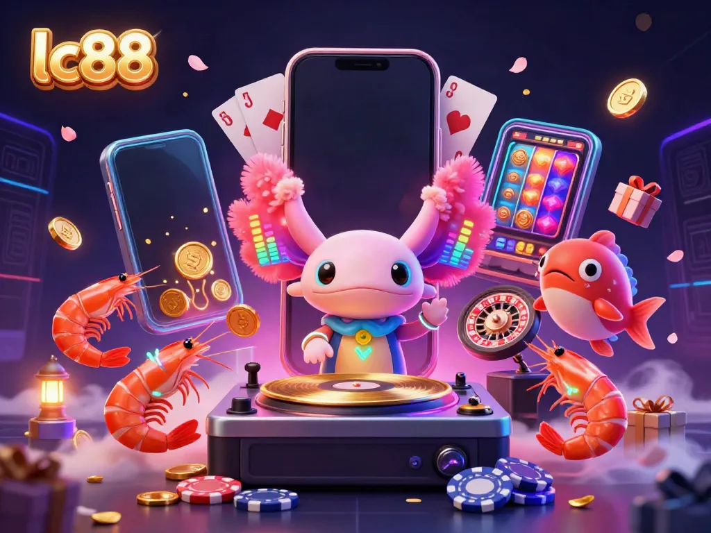 Experience the vibrant world of lc88 with a neon-colored axolotl DJ and lively marine characters amidst dynamic casino elements.