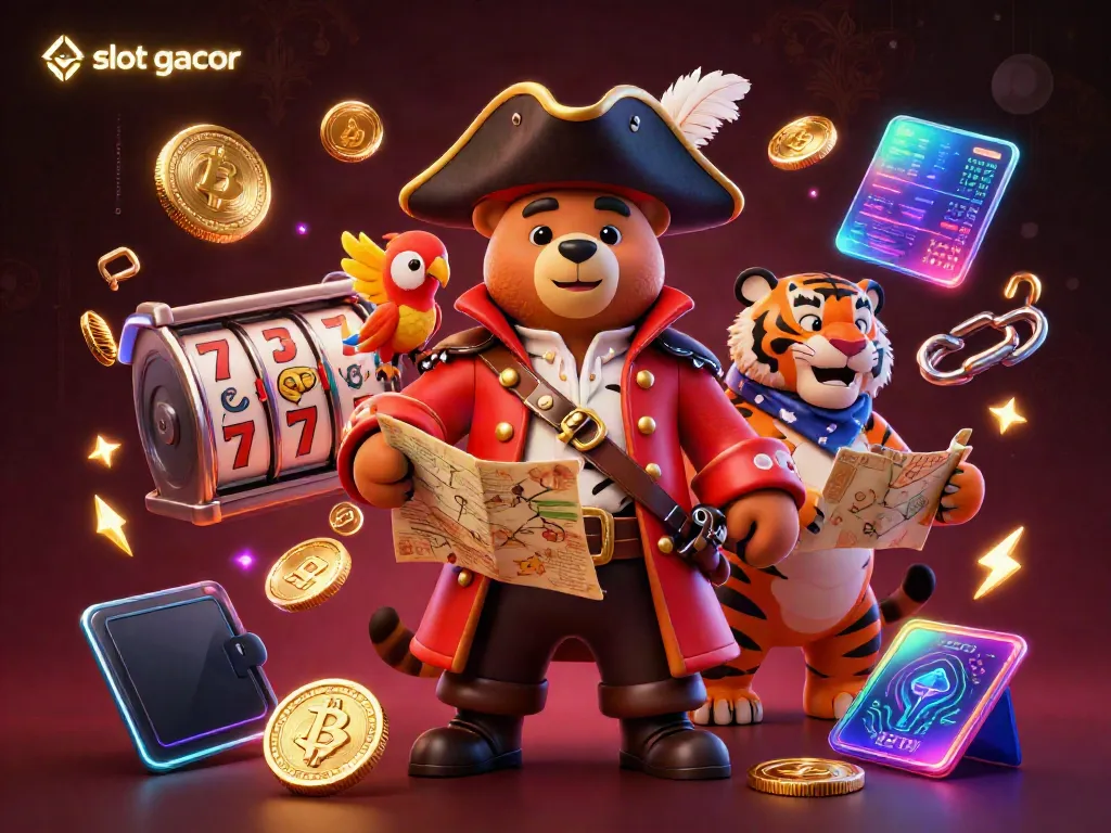 Engage with thrilling slot gacor adventures alongside a pirate bear, tiger, and parrot in a vibrant casino scene.