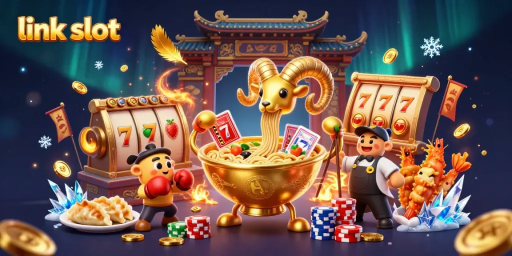 Engage in the vibrant world of link slot with a dynamic scene showcasing cartoon sushi dealers and jackpot symbols.