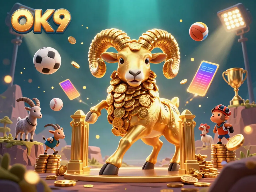 Experience thrilling sports action with OK9's colorful illustration of a charging golden ram and dynamic betting elements.