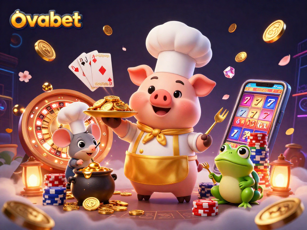Engage in the vibrant world of ovabet with a dynamic casino scene featuring gold coins and gaming elements.