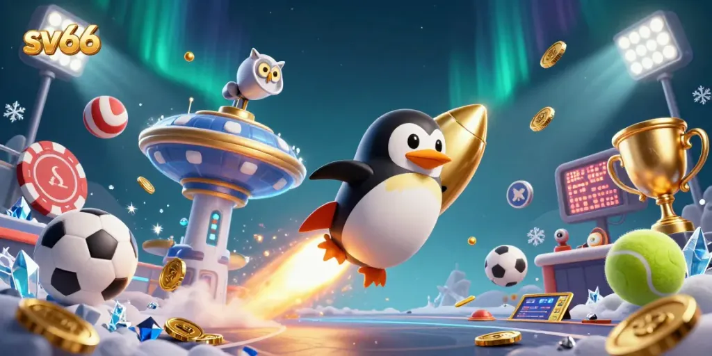Enjoy thrilling sports betting adventures with sv66, featuring a golden penguin in a vibrant casino space battle!