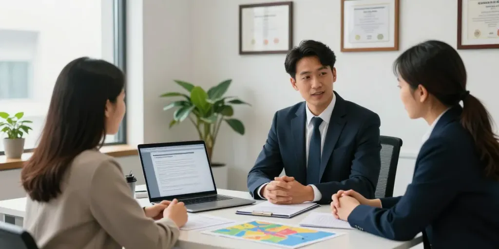 Consultation scene for those looking to find immigration lawyer assistance in a professional office.
