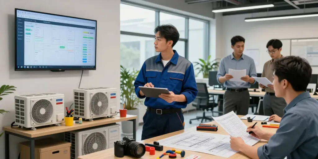 Technician managing HVAC Business Software on tablet in a modern office setting, showcasing teamwork and efficiency.