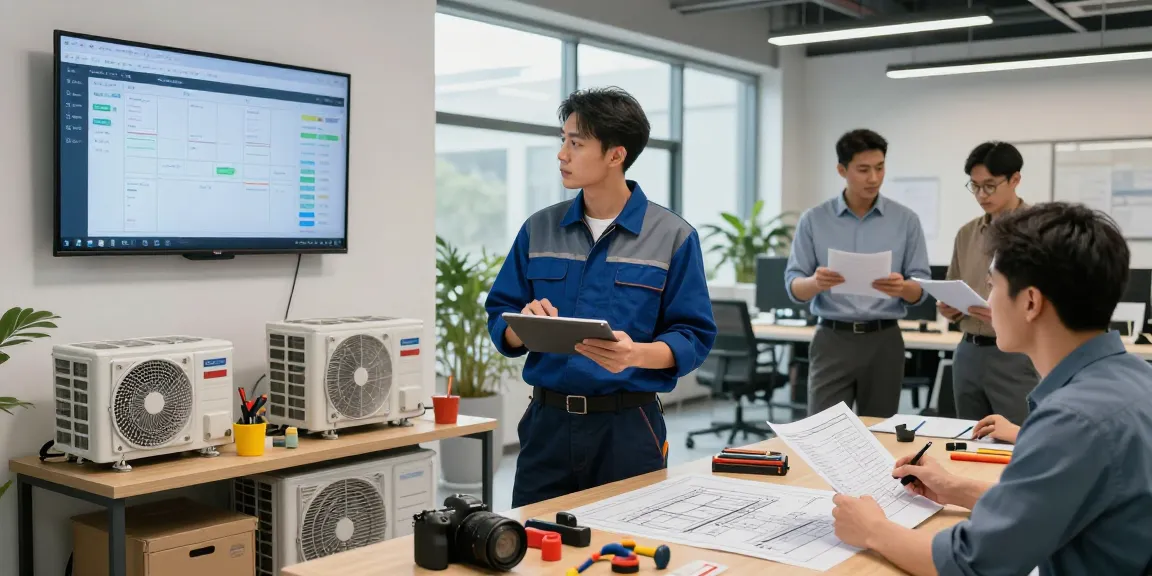 Technician managing HVAC Business Software on tablet in a modern office setting, showcasing teamwork and efficiency.
