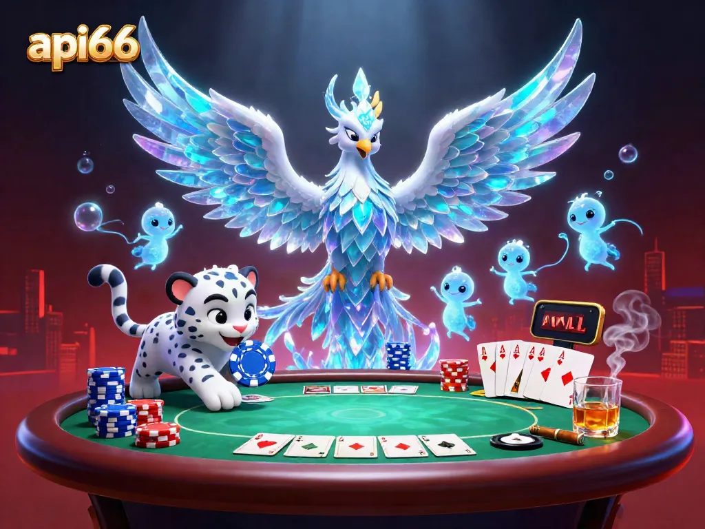 Engage in thrilling gameplay on api66 with an ice phoenix, snow leopard, and vibrant poker elements.