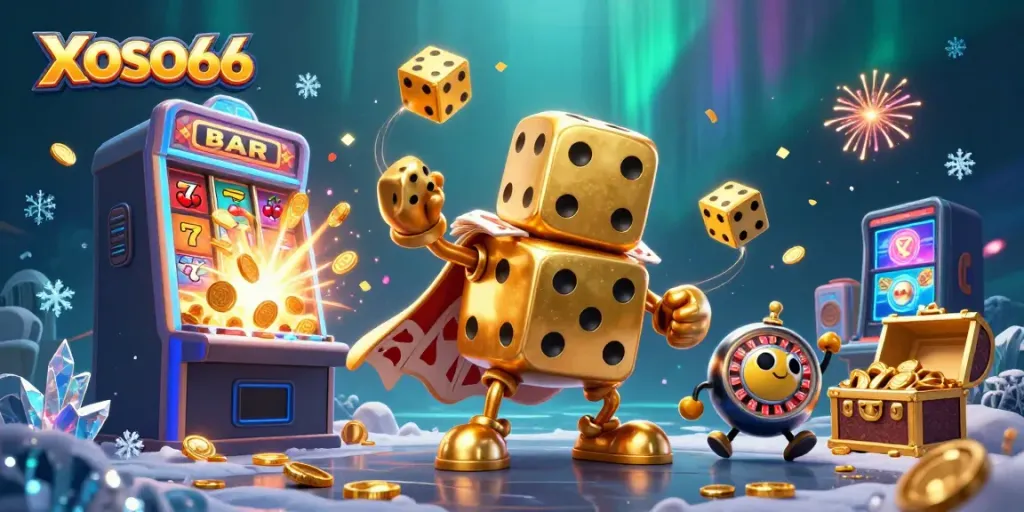 Play exciting casino games with XOSO66 featuring dynamic golden dice and vibrant slot machine elements.